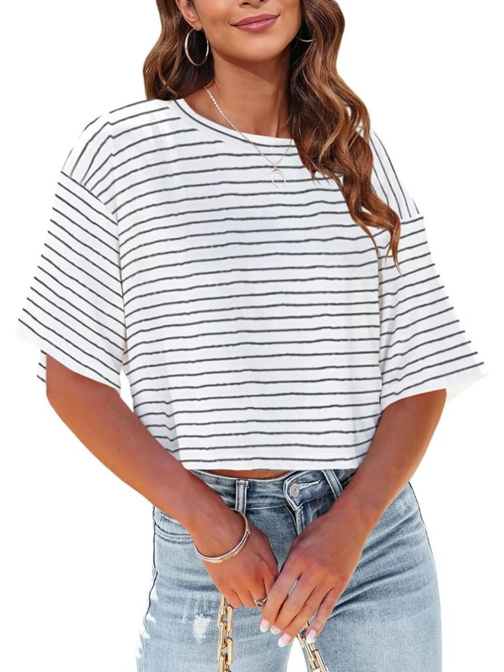 Women's White Crew Neck Half Sleeves Loose Fit Casual Pull On Basic Tees Shirts